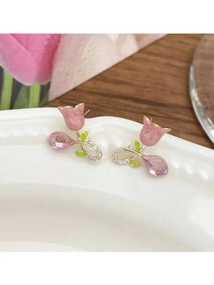 Pink Earrings Trendy Alloy Tulip Earrings Studs for Casual Outings Formal