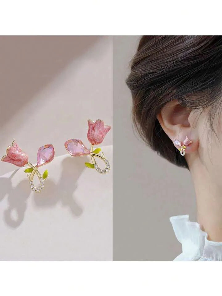 Pink Earrings Trendy Alloy Tulip Earrings Studs for Casual Outings Formal